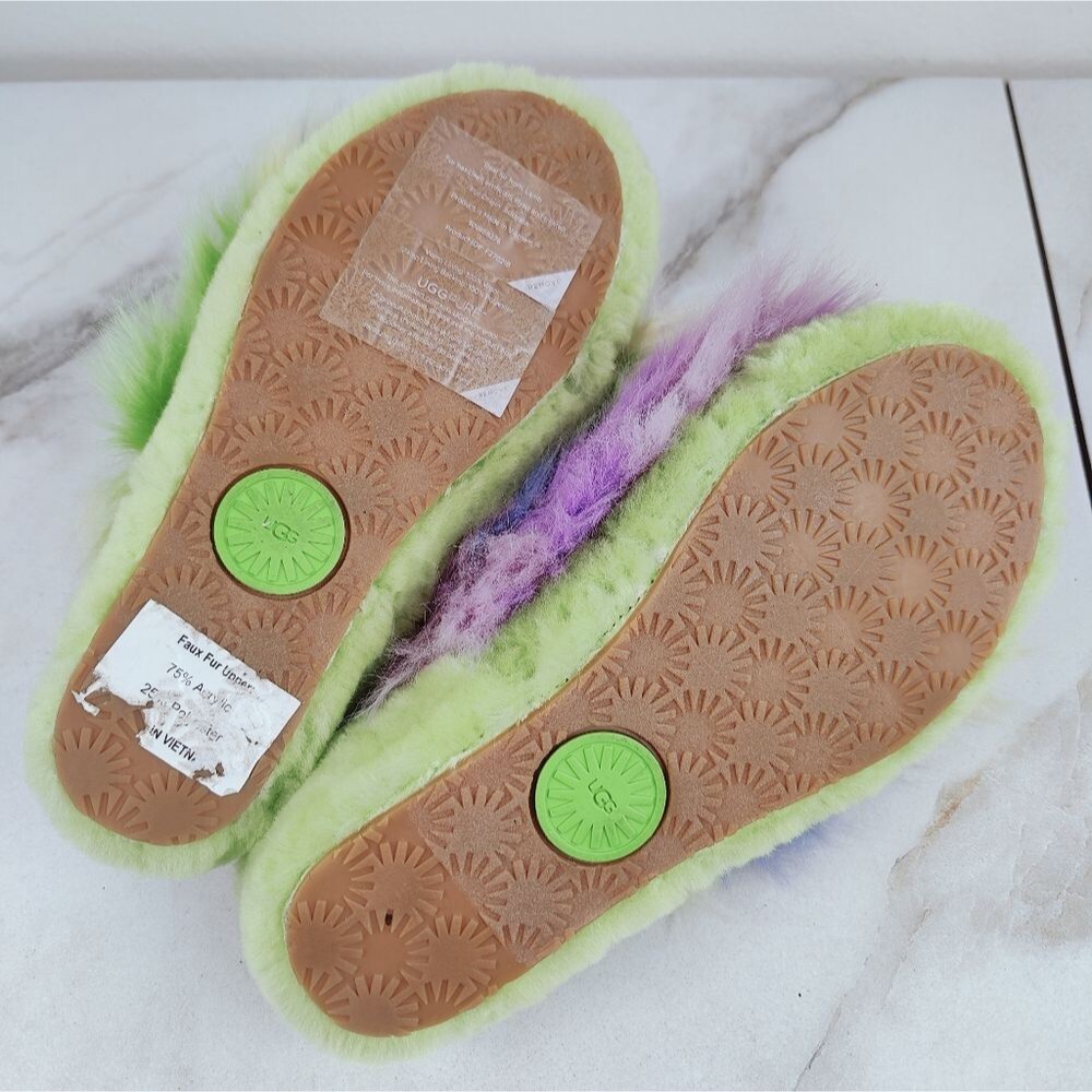 UGG Fluff Yeah Green Tie Dye Faux Fur Sheepskin Slingback Slides Slippers, Sz 6 - Picture 14 of 16
